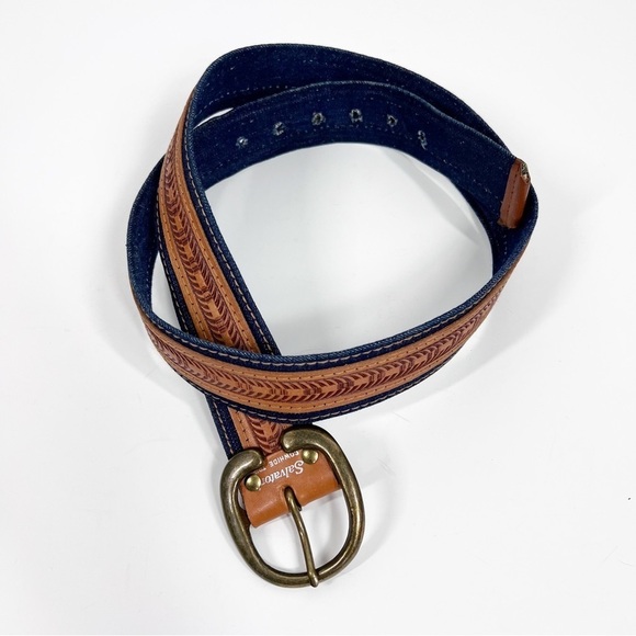 Salvatore #9725 tooled cowhide and denim belt - Picture 1 of 6